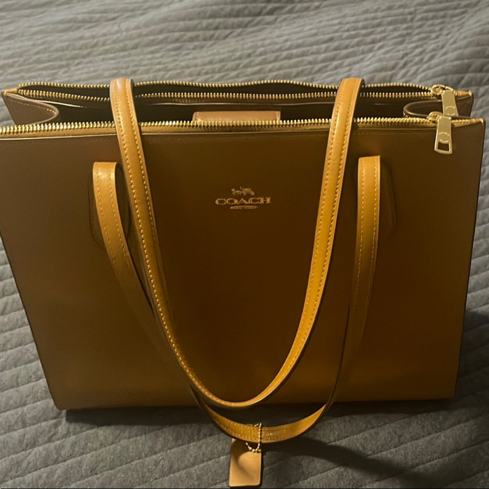 Coach Tan Leather Tote with Gold Accents